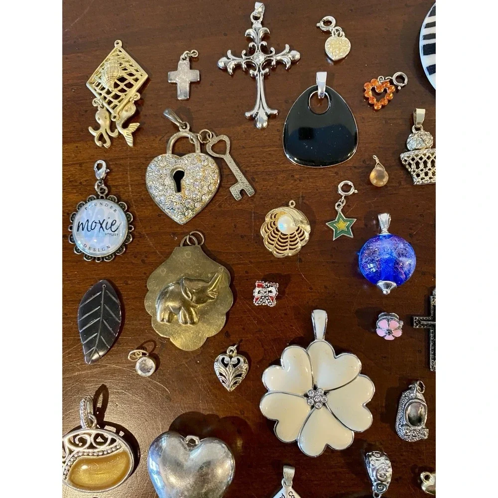 VTG To Modern Pendant Charm Lot - Flower Moon Heart Cross Enamel Rhinestones